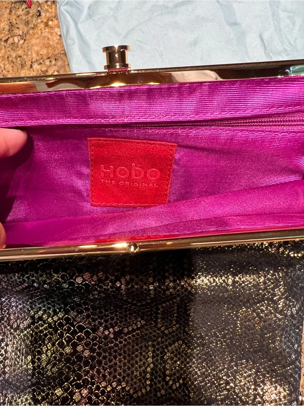 HOBO Iridescent Snake-Embossed Clutch in Brown and Black